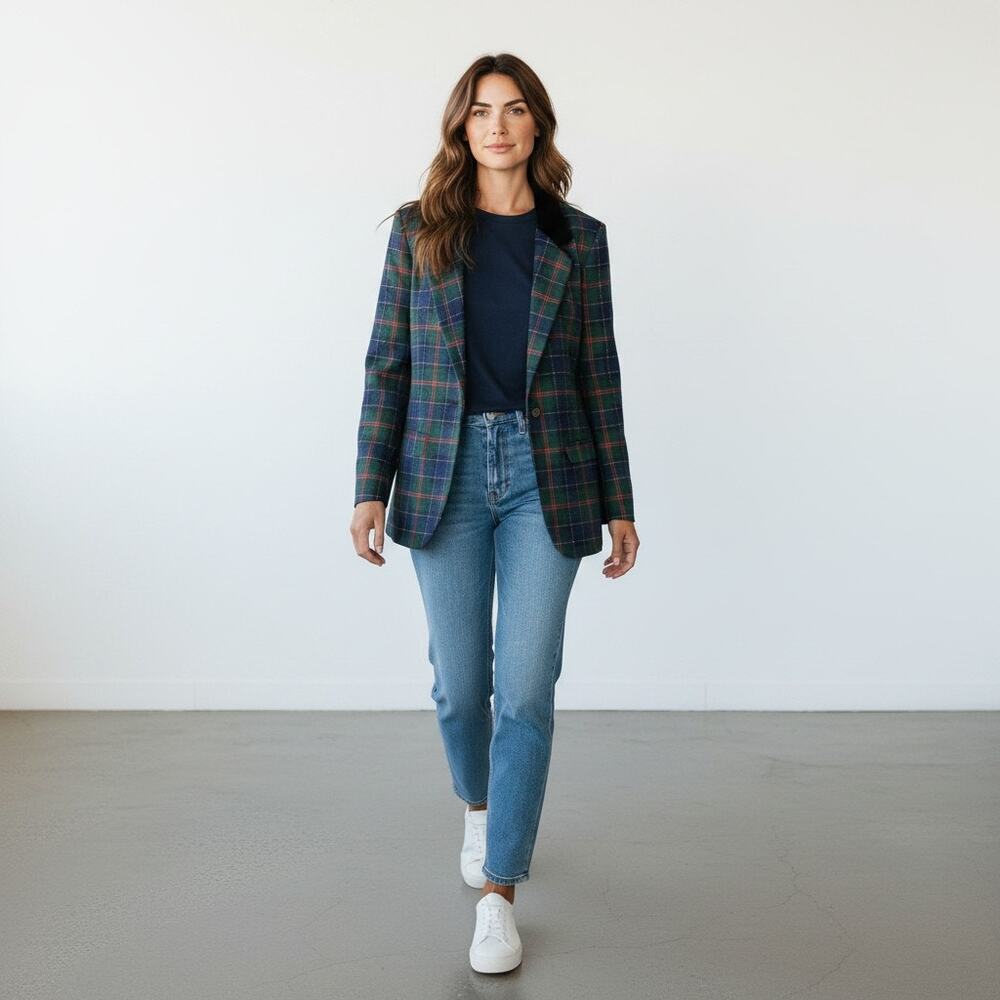 Vintage Sag Harbor Women Green Plaid Wool Blend Structured Blazer Size 8